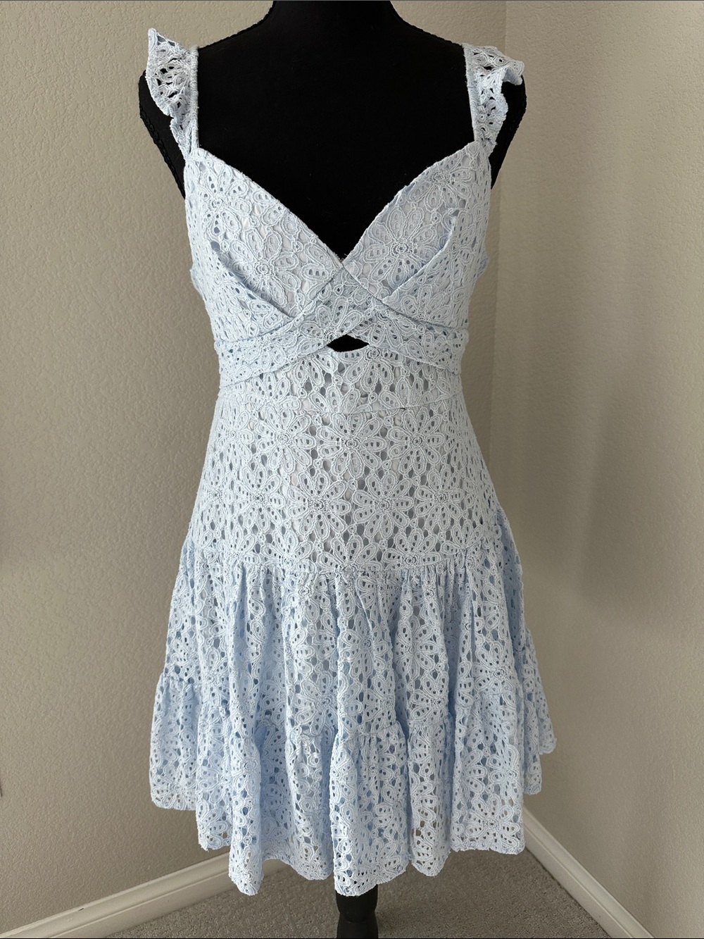 Pale Blue Crochet Twist-Front Mini Dress